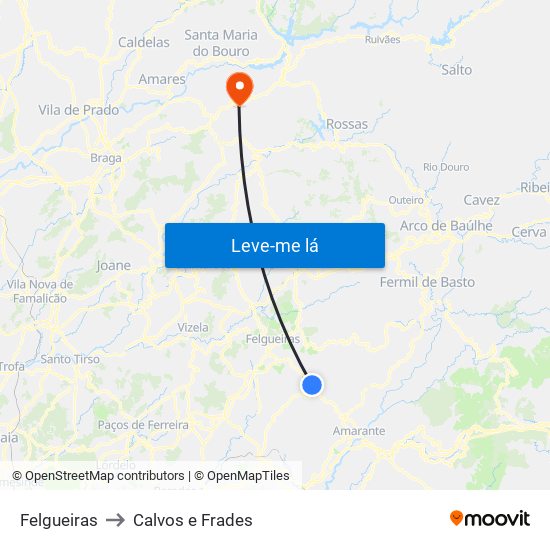 Felgueiras to Calvos e Frades map