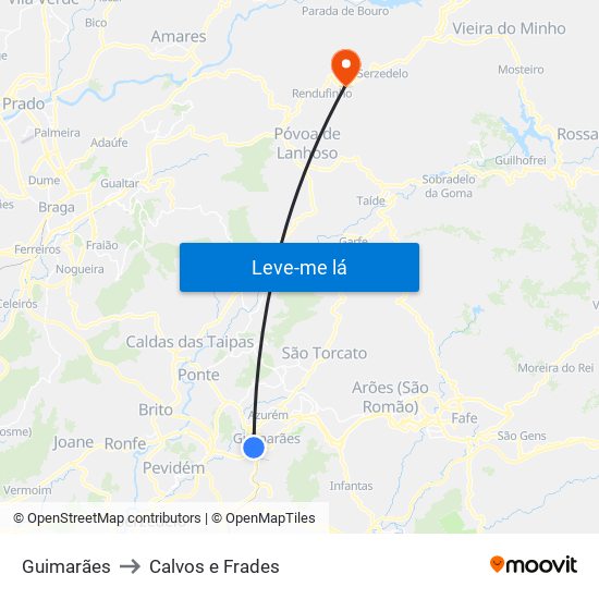 Guimarães to Calvos e Frades map