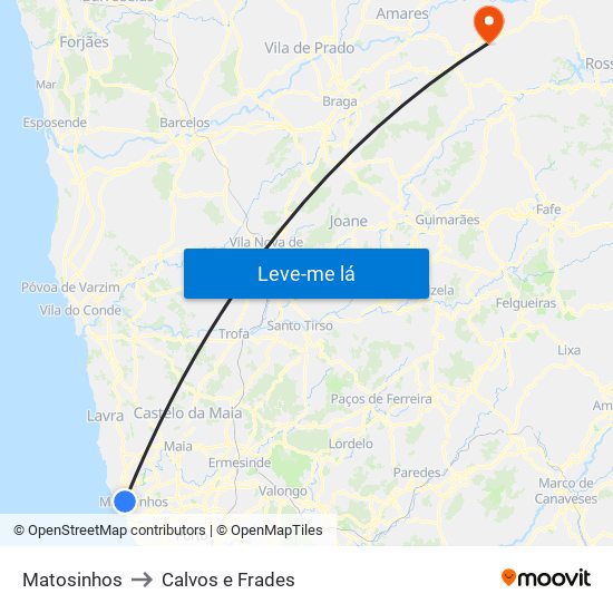 Matosinhos to Calvos e Frades map