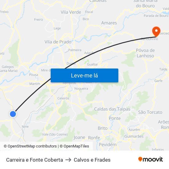 Carreira e Fonte Coberta to Calvos e Frades map