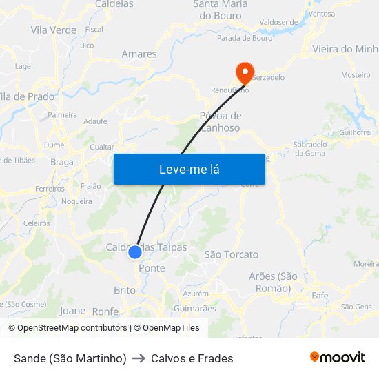 Sande (São Martinho) to Calvos e Frades map