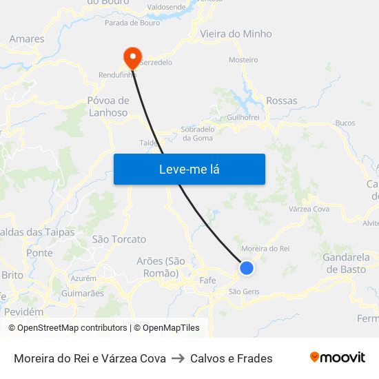 Moreira do Rei e Várzea Cova to Calvos e Frades map