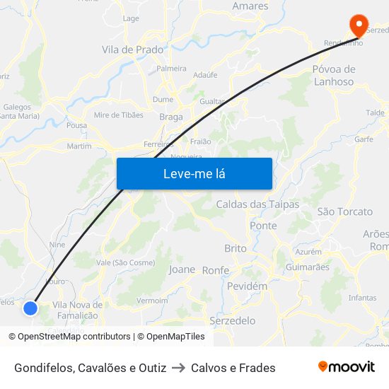 Gondifelos, Cavalões e Outiz to Calvos e Frades map