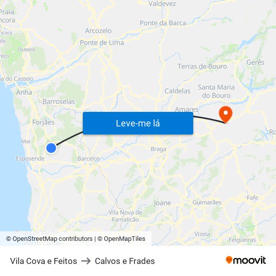 Vila Cova e Feitos to Calvos e Frades map