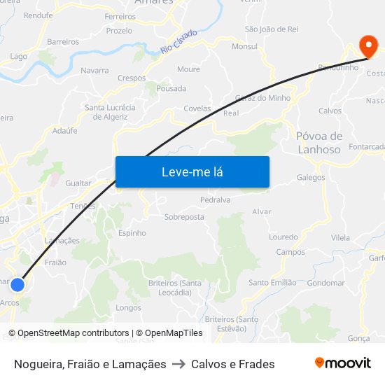 Nogueira, Fraião e Lamaçães to Calvos e Frades map