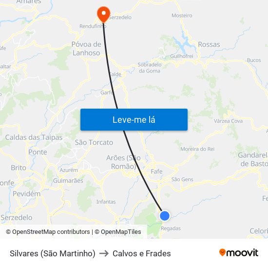 Silvares (São Martinho) to Calvos e Frades map