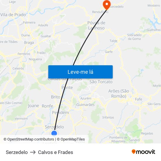 Serzedelo to Calvos e Frades map