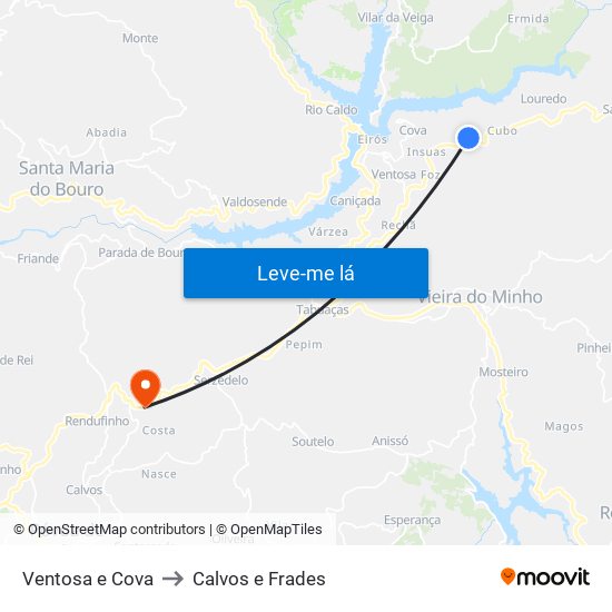 Ventosa e Cova to Calvos e Frades map