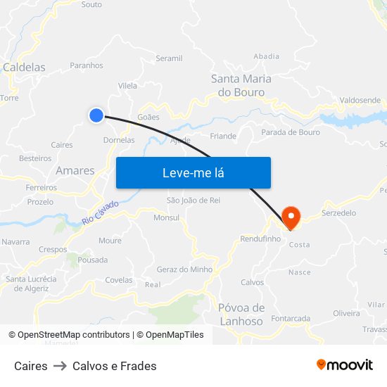 Caires to Calvos e Frades map