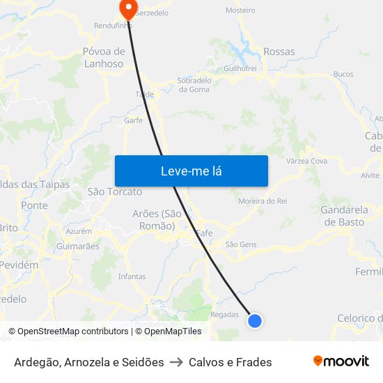 Ardegão, Arnozela e Seidões to Calvos e Frades map