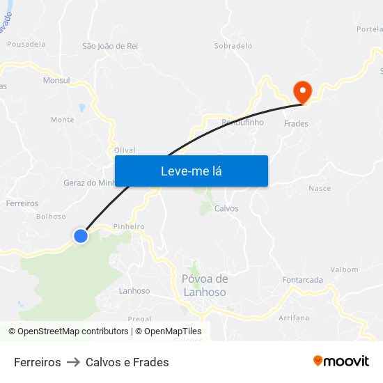 Ferreiros to Calvos e Frades map