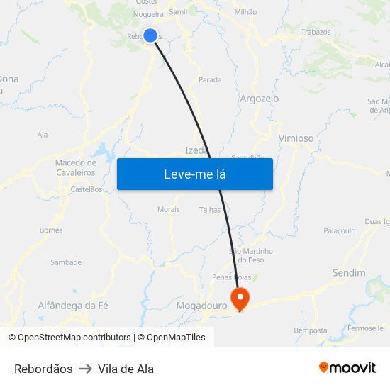 Rebordãos to Vila de Ala map