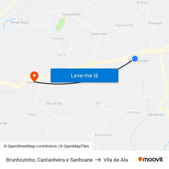 Brunhozinho, Castanheira e Sanhoane to Vila de Ala map