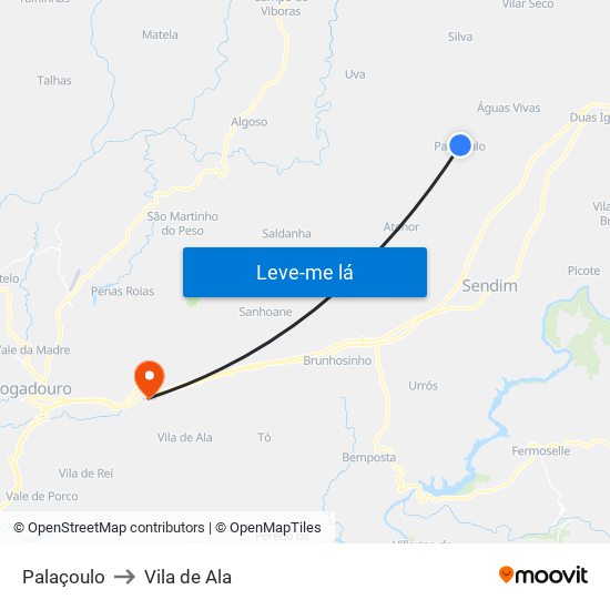 Palaçoulo to Vila de Ala map