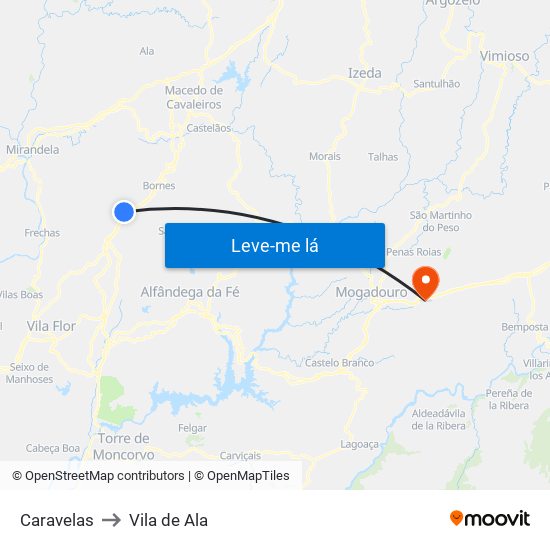 Caravelas to Vila de Ala map