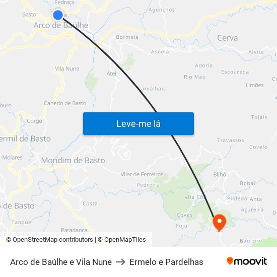 Arco de Baúlhe e Vila Nune to Ermelo e Pardelhas map