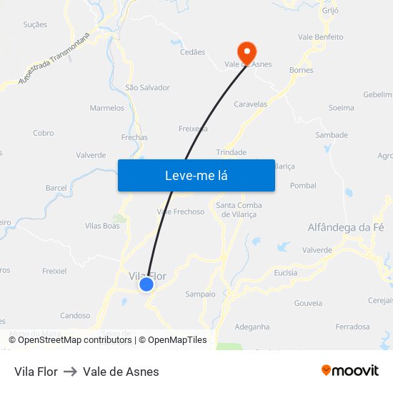 Vila Flor to Vale de Asnes map