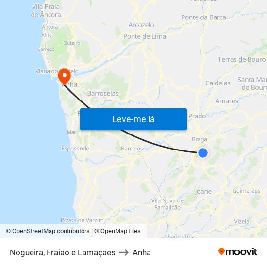 Nogueira, Fraião e Lamaçães to Anha map