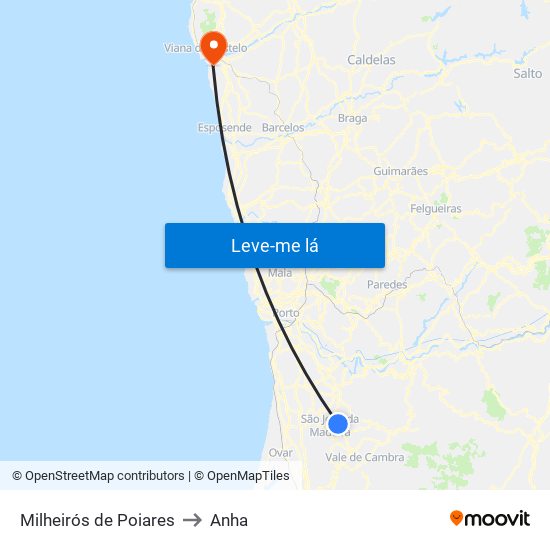 Milheirós de Poiares to Anha map