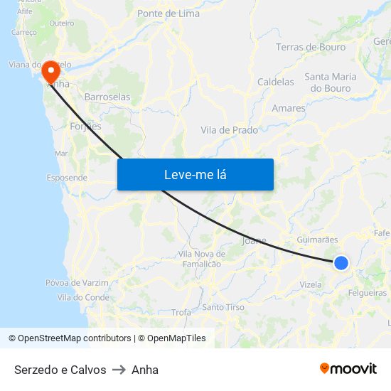 Serzedo e Calvos to Anha map