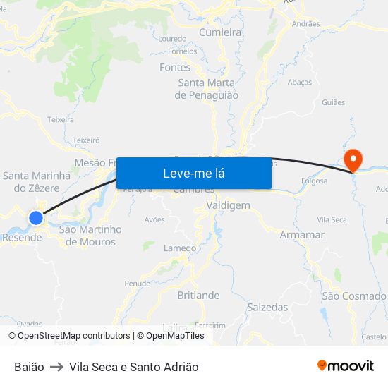 Baião to Vila Seca e Santo Adrião map