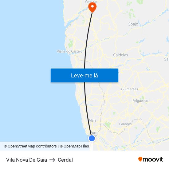 Vila Nova De Gaia to Cerdal map