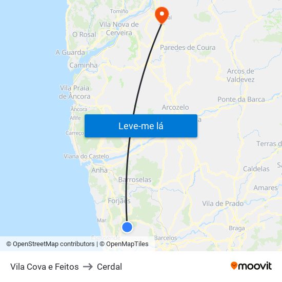 Vila Cova e Feitos to Cerdal map