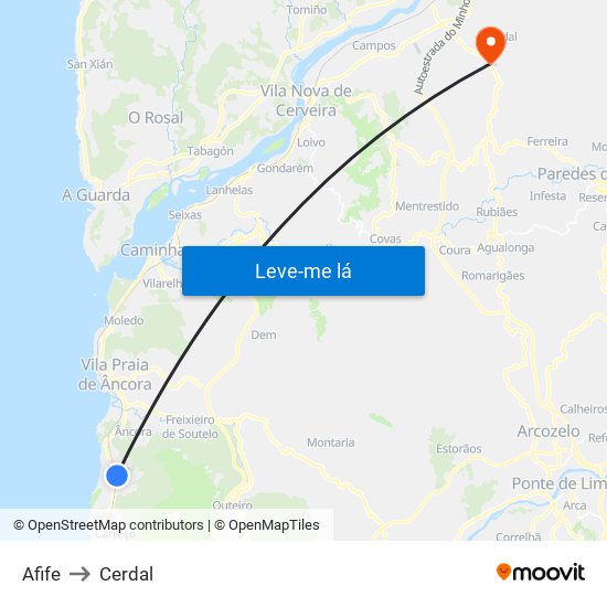 Afife to Cerdal map