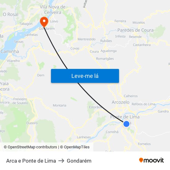 Arca e Ponte de Lima to Gondarém map