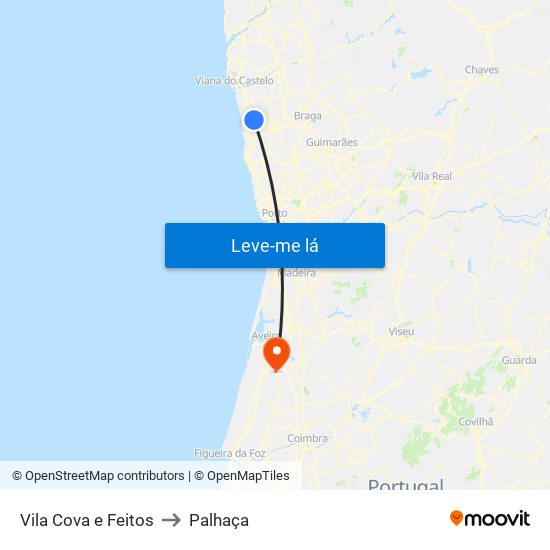 Vila Cova e Feitos to Palhaça map