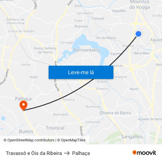 Travassô e Óis da Ribeira to Palhaça map