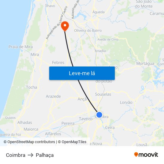 Coimbra to Palhaça map