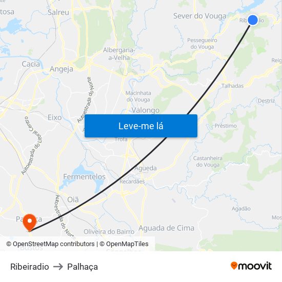 Ribeiradio to Palhaça map