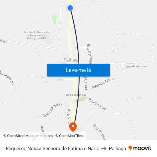 Requeixo, Nossa Senhora de Fátima e Nariz to Palhaça map