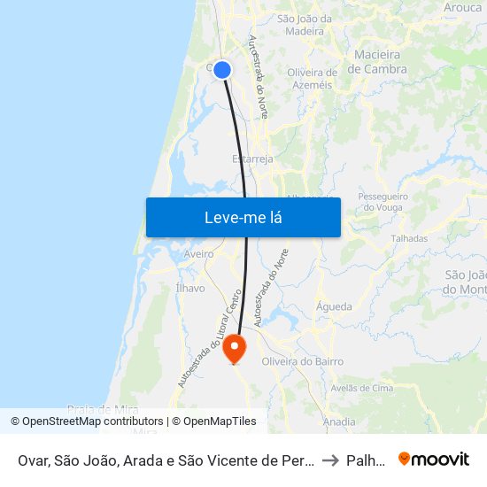 Ovar, São João, Arada e São Vicente de Pereira Jusã to Palhaça map