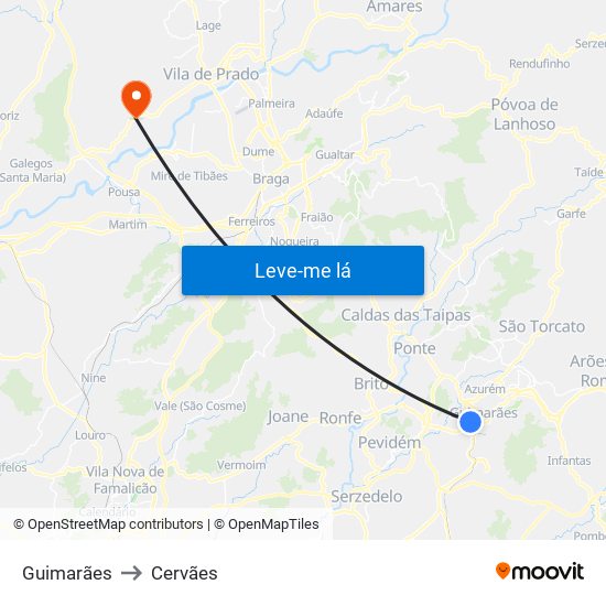 Guimarães to Cervães map