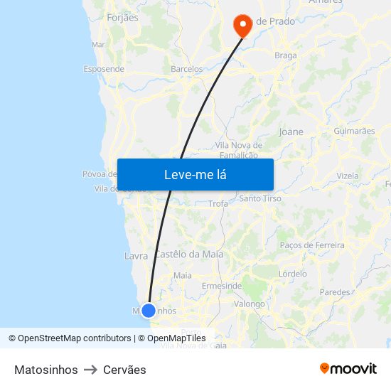 Matosinhos to Cervães map