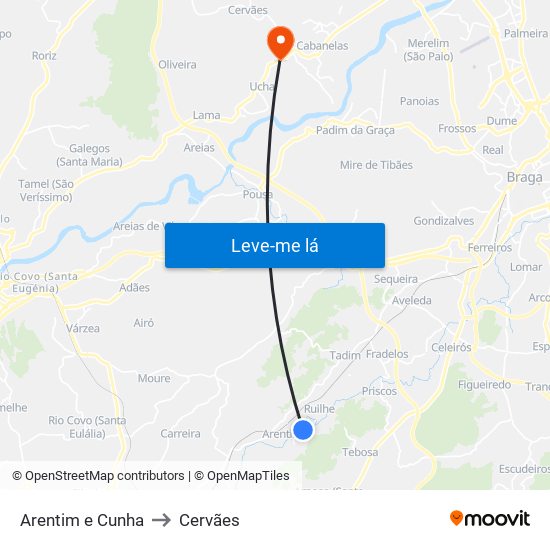 Arentim e Cunha to Cervães map