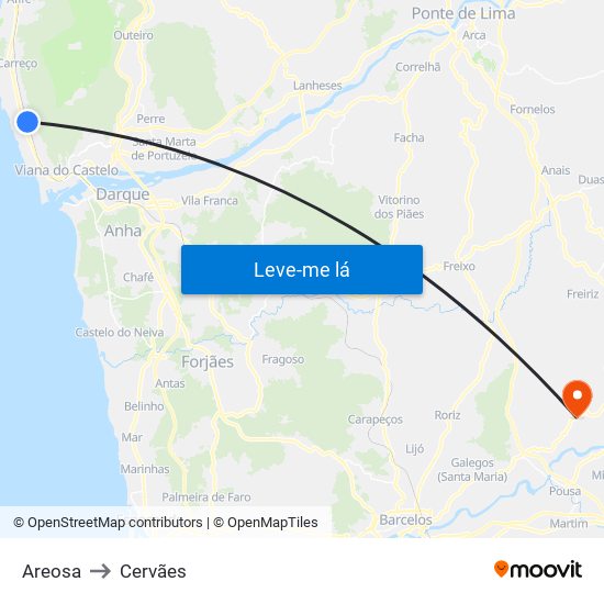 Areosa to Cervães map