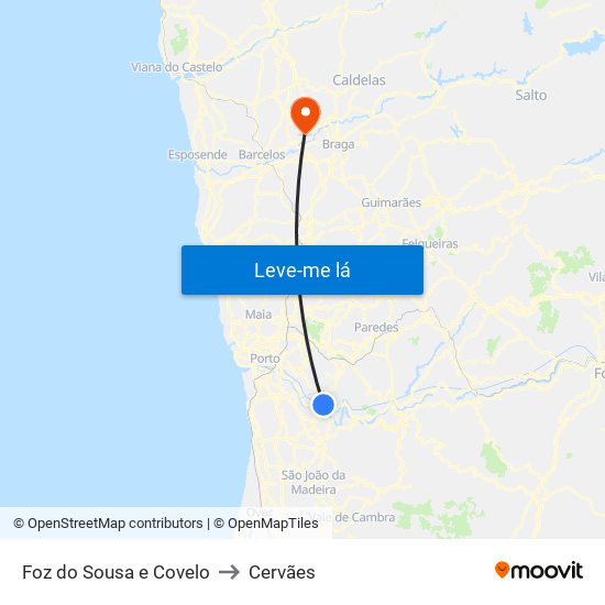 Foz do Sousa e Covelo to Cervães map