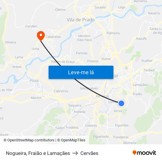 Nogueira, Fraião e Lamaçães to Cervães map
