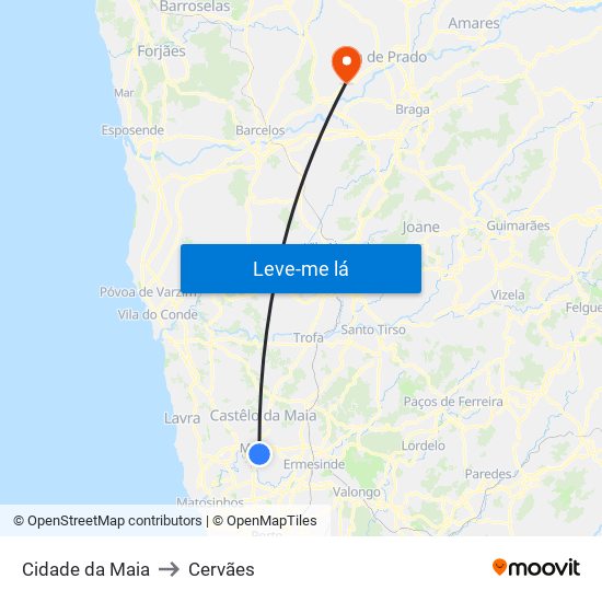 Cidade da Maia to Cervães map