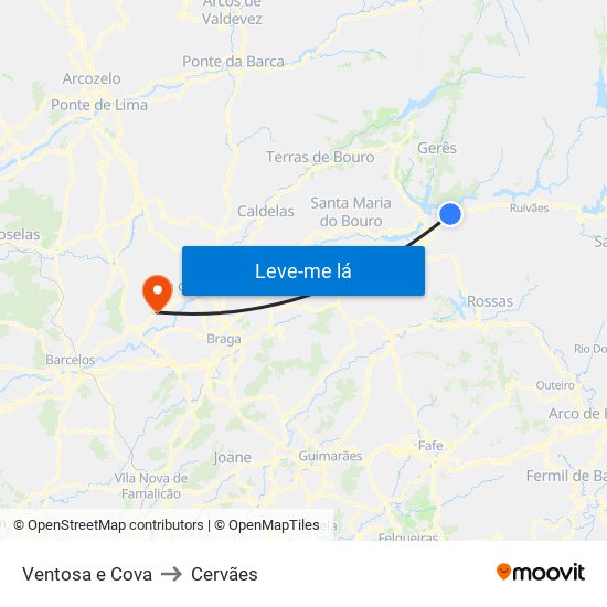 Ventosa e Cova to Cervães map