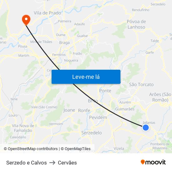 Serzedo e Calvos to Cervães map