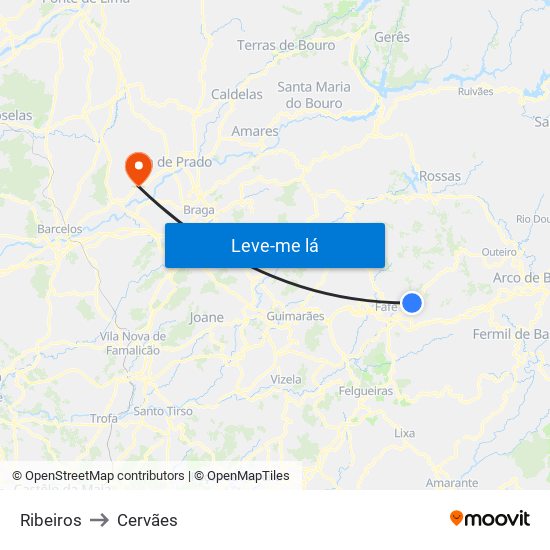 Ribeiros to Cervães map