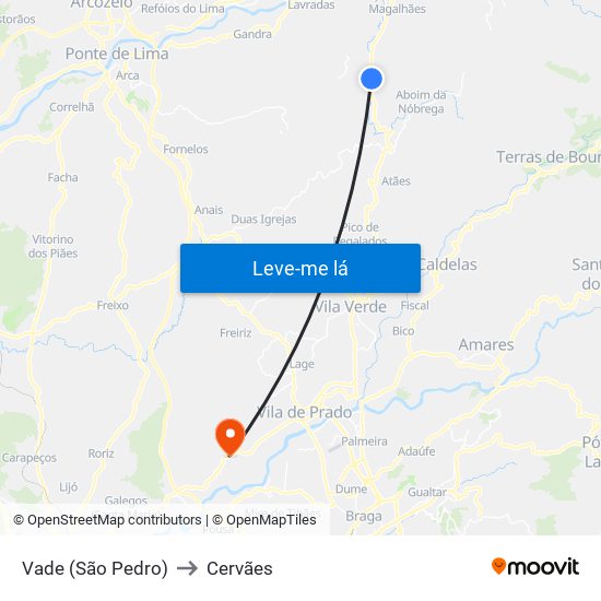 Vade (São Pedro) to Cervães map