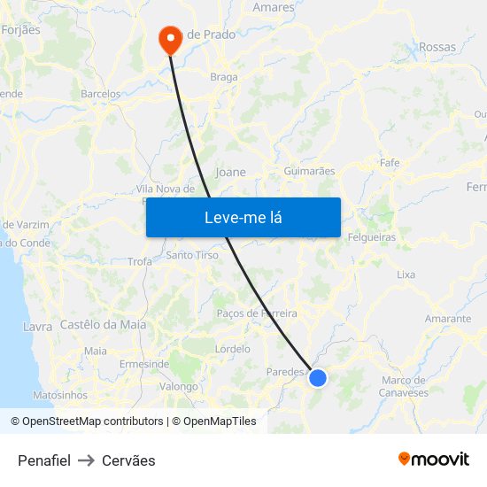 Penafiel to Cervães map