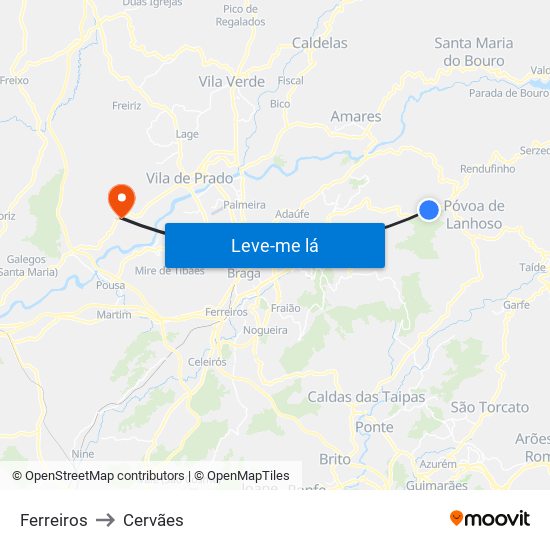 Ferreiros to Cervães map