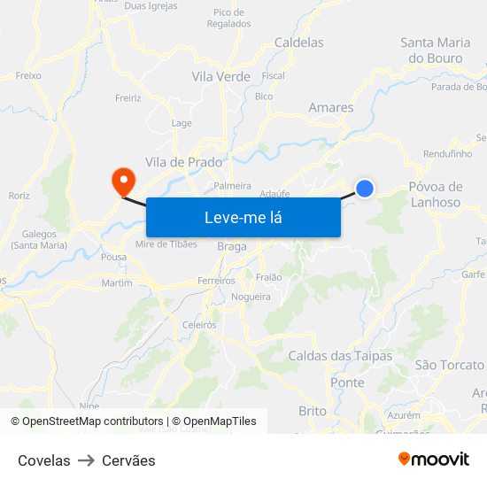 Covelas to Cervães map