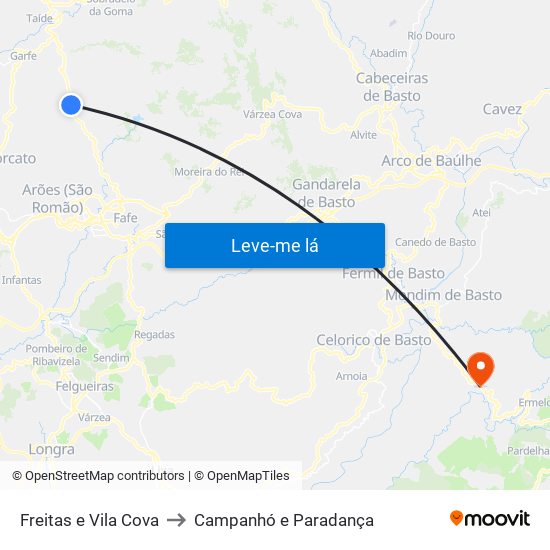 Freitas e Vila Cova to Campanhó e Paradança map
